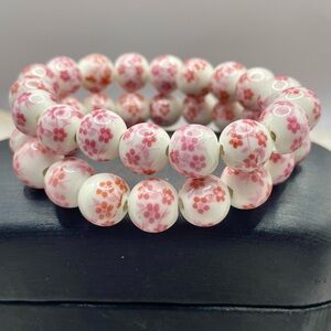 Asian Style Floral Pink and White Ceramic Bead Stretch Bracelet Set. 2 bracelets